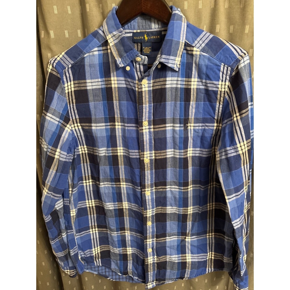 Ralph Lauren Boys XL 18-20 Blue Plaid Cotton Button Down Long Sleeve Shirt